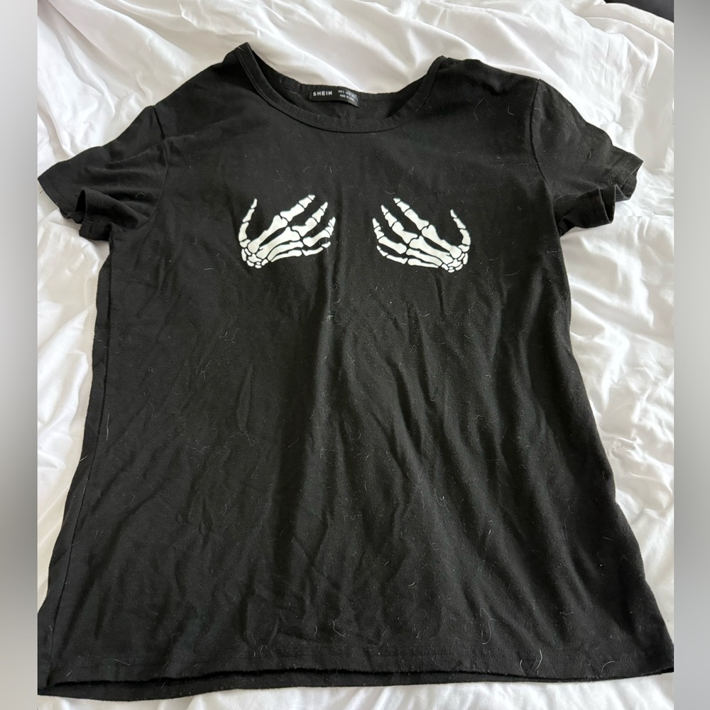 SHEIN Black Tee with White Skeleton Design